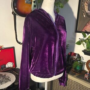 Purple Velvet Velour Zip-Up Hooded Jacket